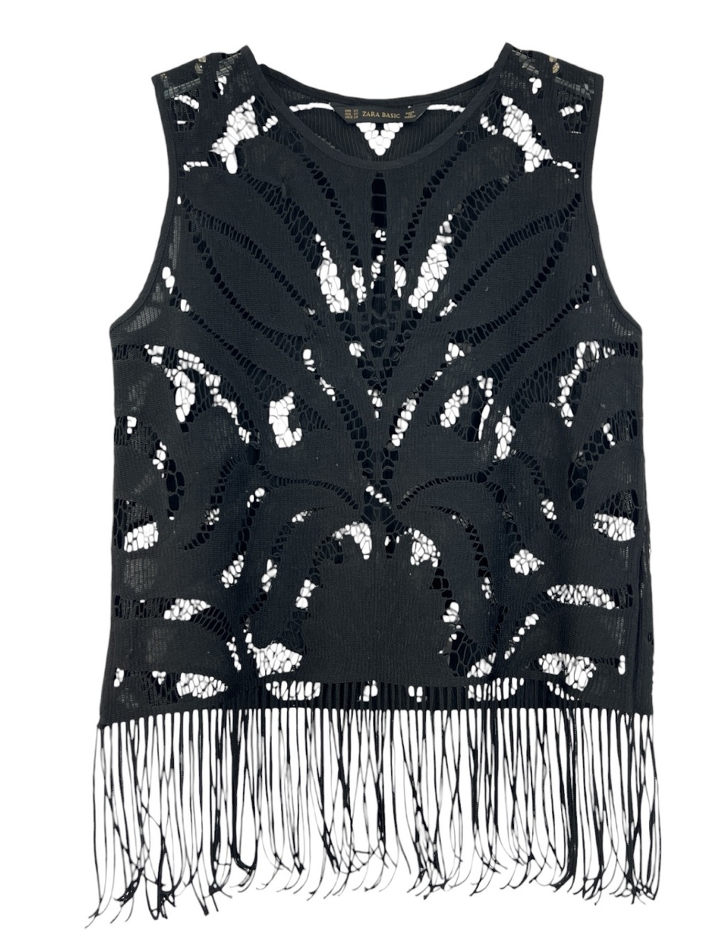 Zara Basic Fringed Lace Top in black Sleeveless Sheer Cut outs M
